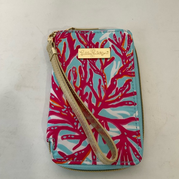 Lily Pulitzer Tiki Palm Design Wristlet Wallet Phone Case Pink Blue Zip Close - Picture 7 of 16